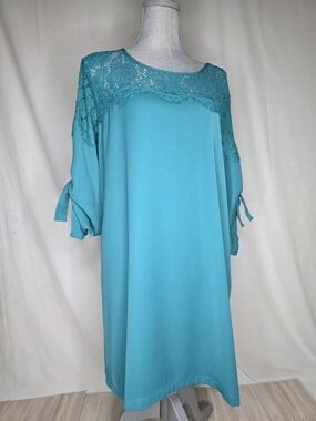 YOINS Teal Lace-Yoke Tunic Dress